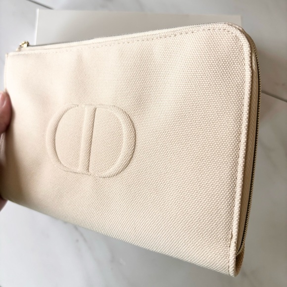 DIOR Beige Cosmetic Pouch Clutch Makeup Bag Case Embossed Logo New - Picture 7 of 17